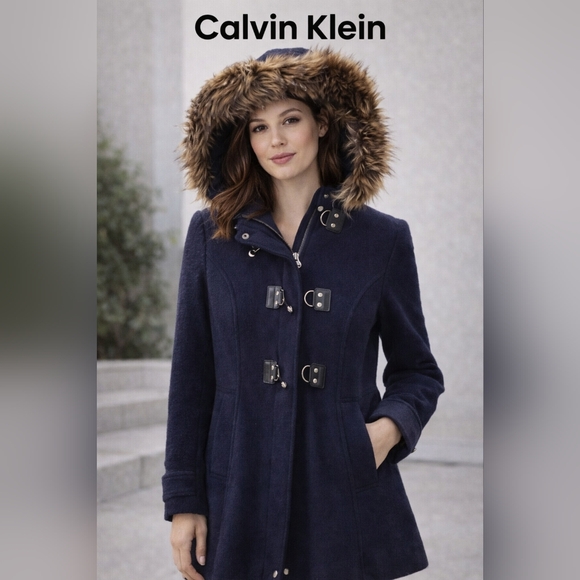 Calvin Klein Jackets & Blazers - Calvin Klein Blue Wool Blend Coat Faux Fur Hood Winter Jacket